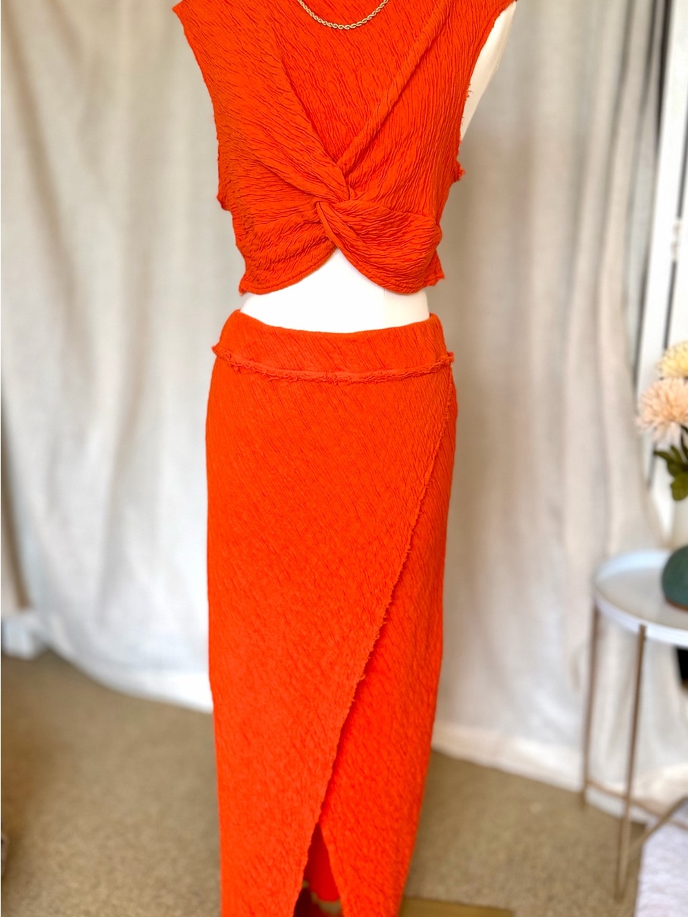 Free People Red/Orange Crinkle Cotton Twist Top & Maxi Skirt Set | Size S | NWOT